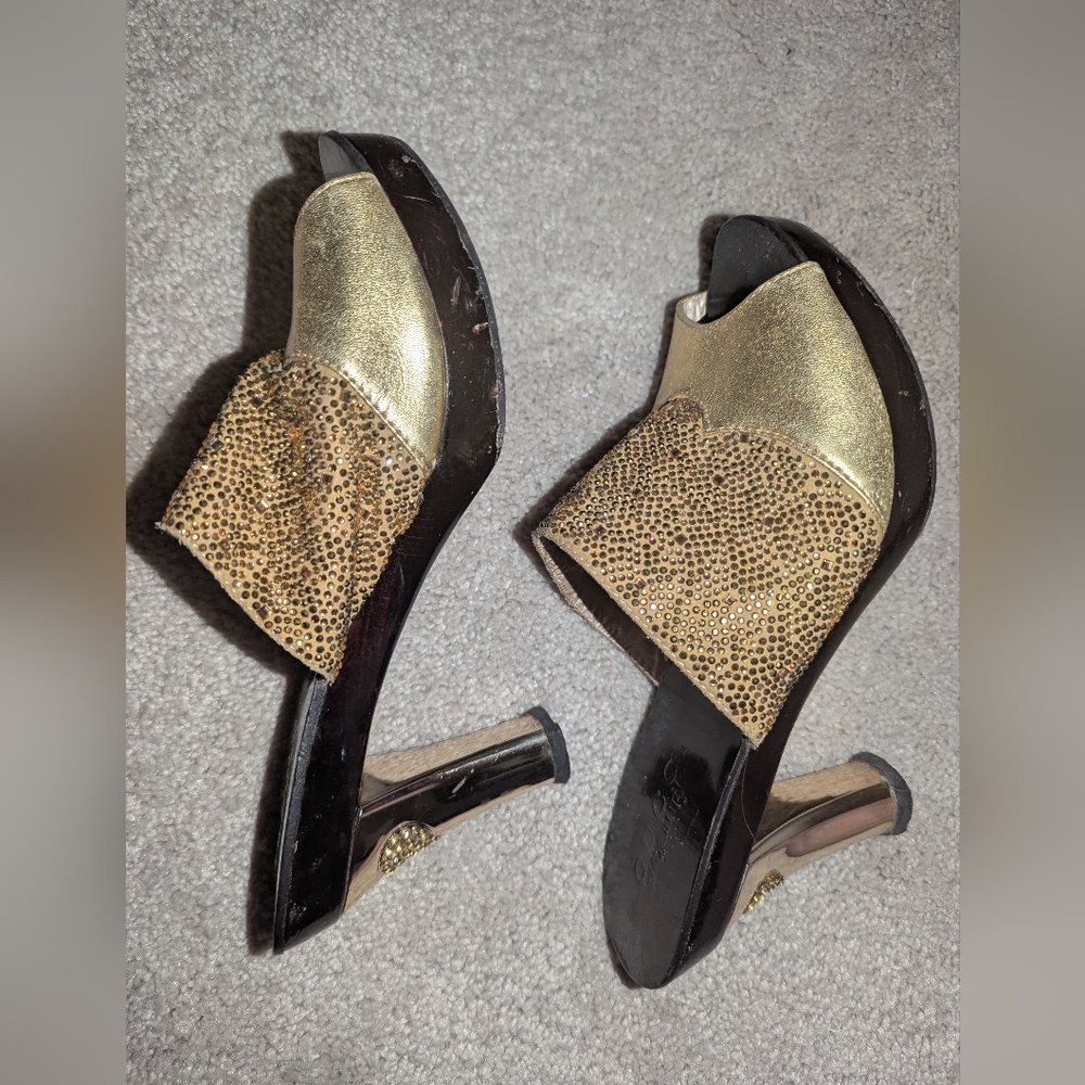 Chic Gold and Brown Women's wood Sole Mules